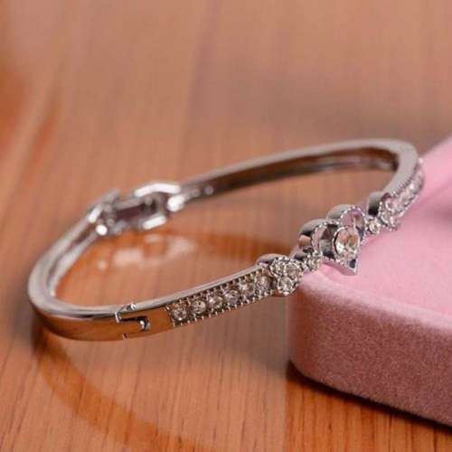 Women Love Heart Alloy Crystal Bangle Silver Plated Bracelet Jewelry Gift Charm Best Deals & Coupons in America